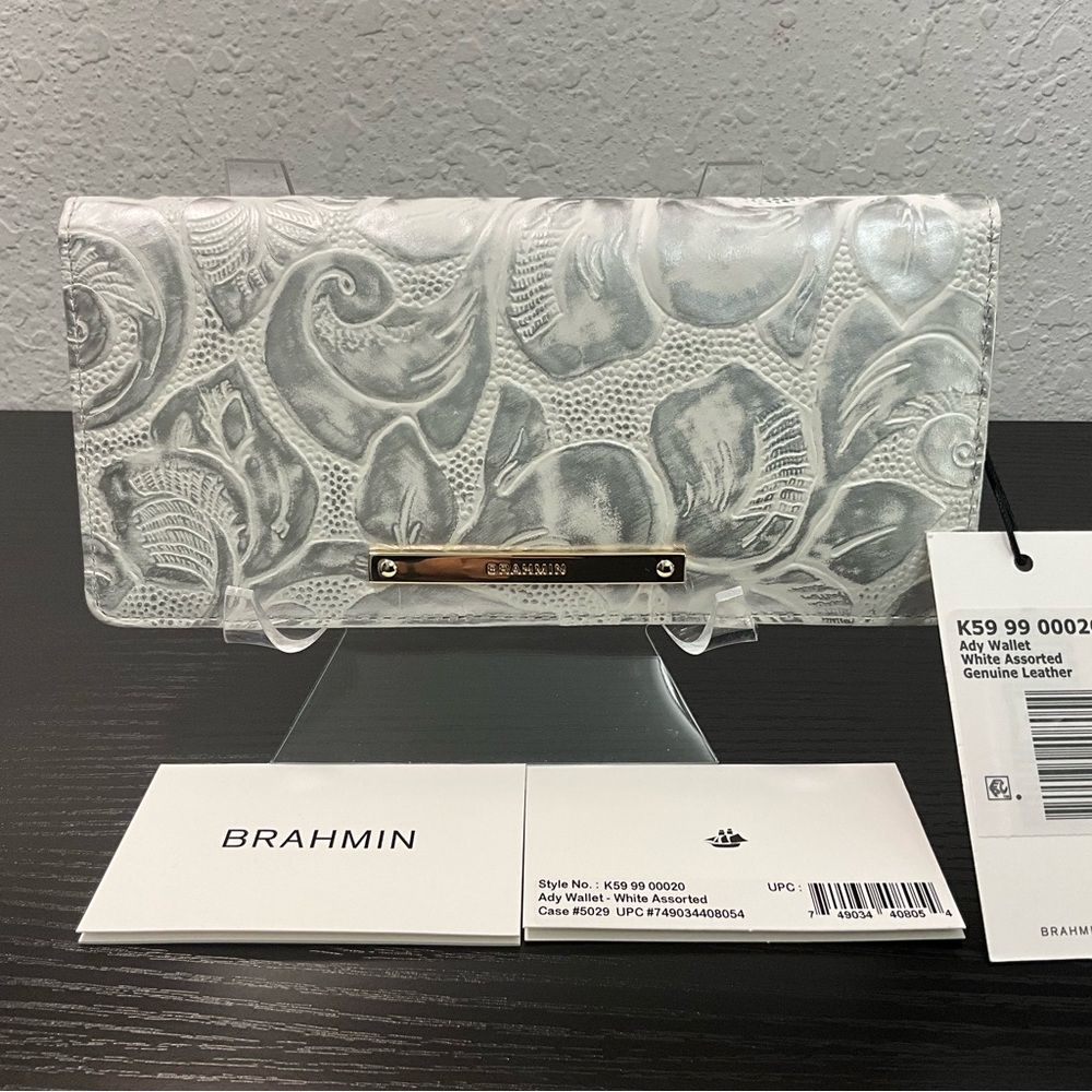 Brahmin Ady WHITE LYON Leather Wallet SILVER & WHITE FLORAL